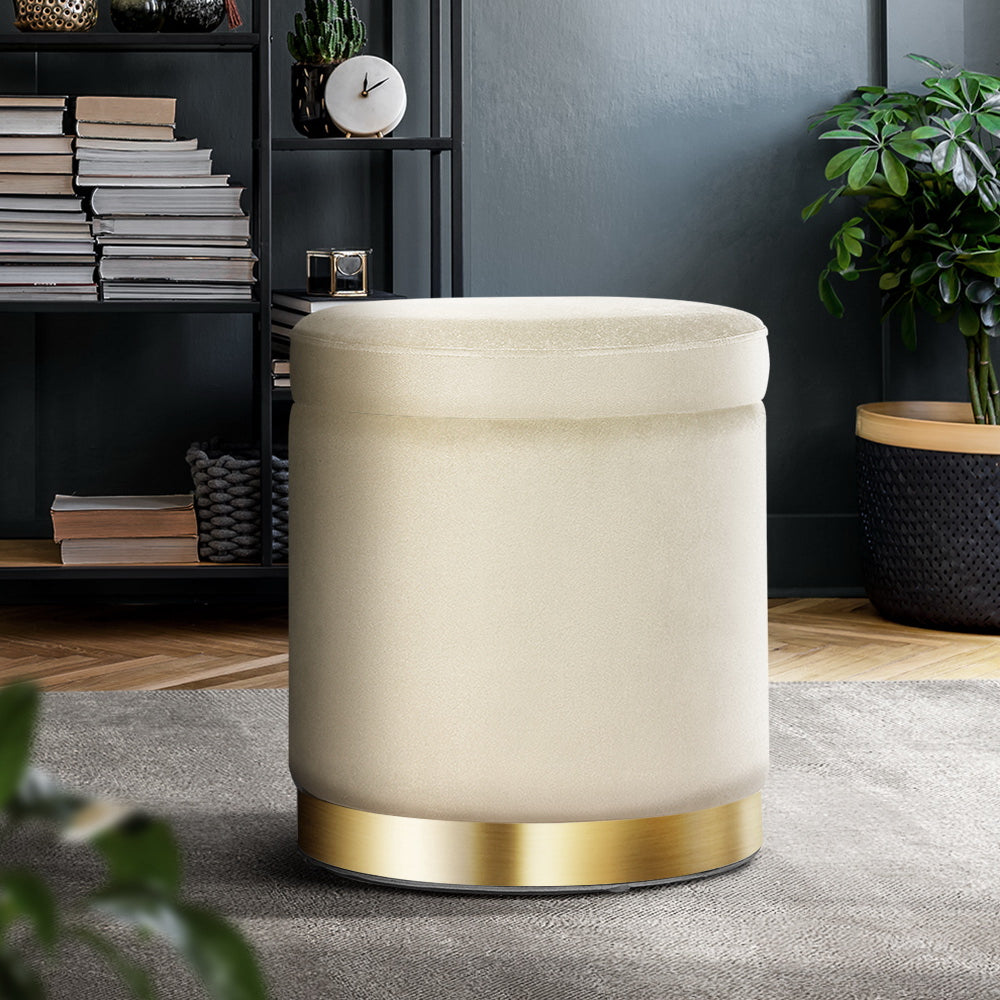 Marlook Ottoman Storage Foot Stool Round Velvet Cream