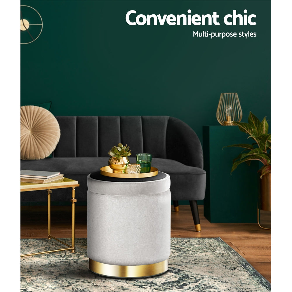 Marlook Ottoman Storage Foot Stool Round Velvet Grey