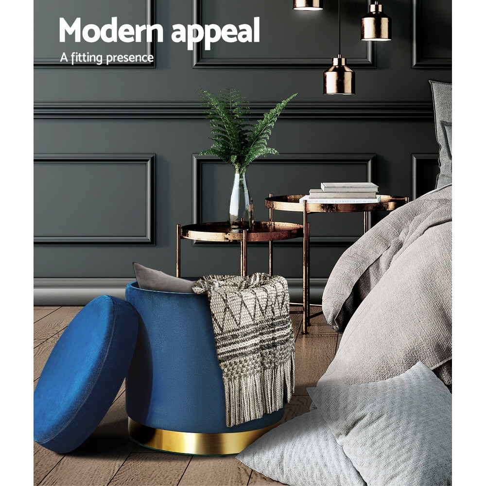 Marlook Ottoman Storage Foot Stool Round Velvet Navy