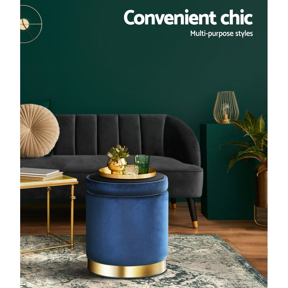 Marlook Ottoman Storage Foot Stool Round Velvet Navy