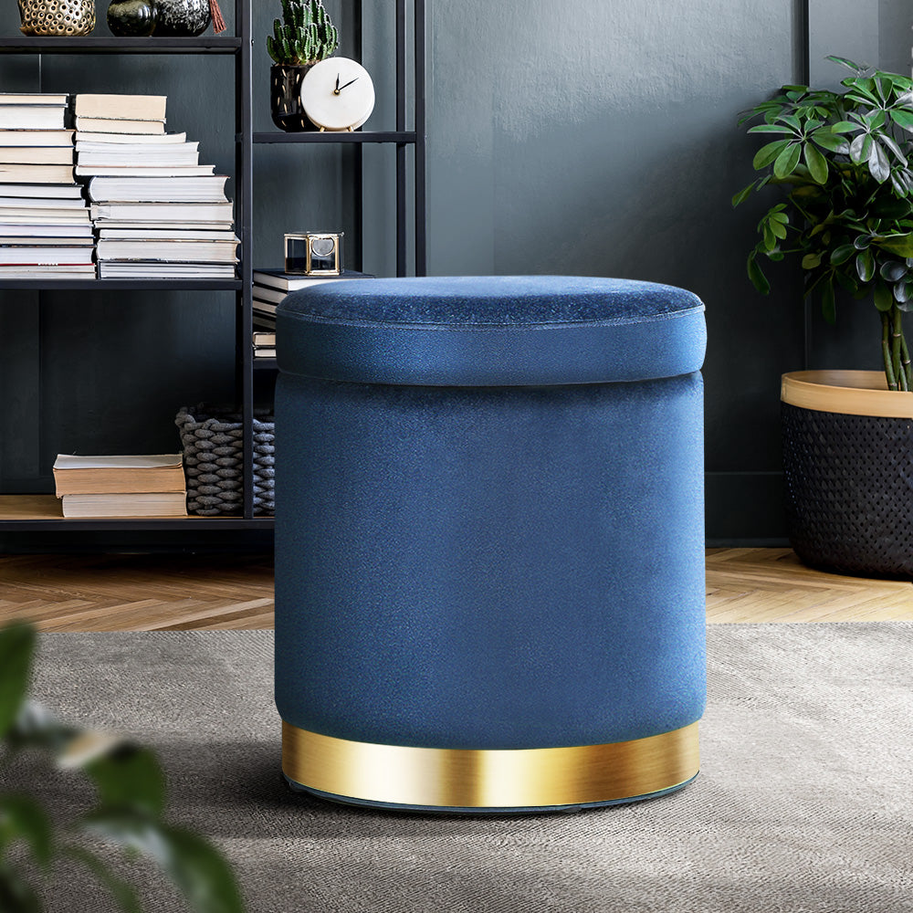 Marlook Ottoman Storage Foot Stool Round Velvet Navy