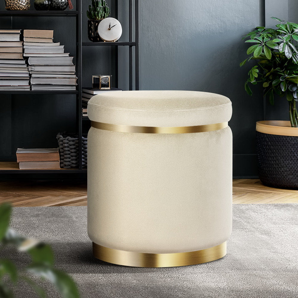 Marlook Ottoman Foot Stool Round Velvet Cream