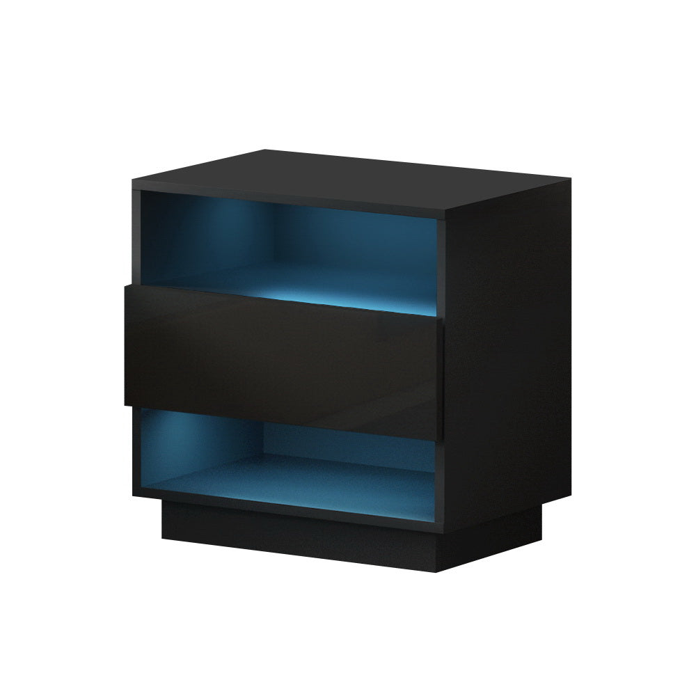 Marlook Bedside Table LED with 2 Shelves - HANA Black
