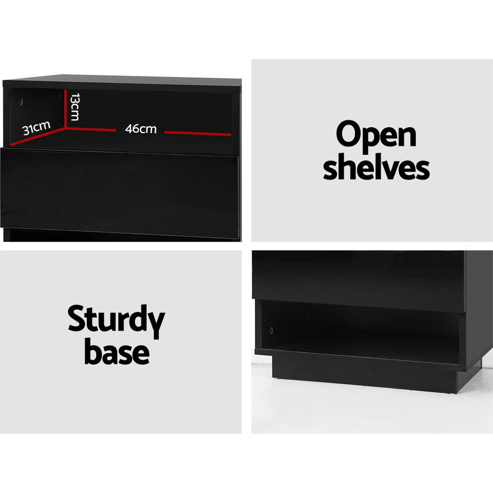 Marlook Bedside Table LED with 2 Shelves - HANA Black