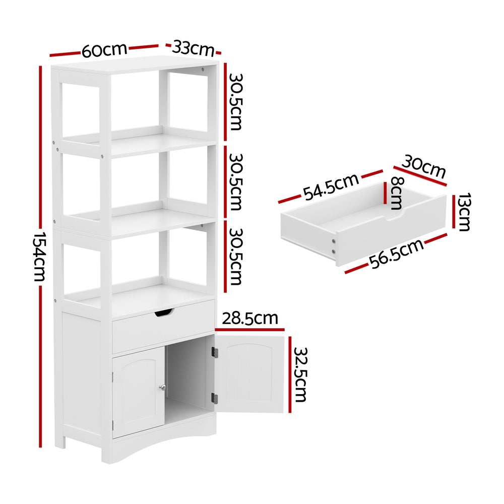 Marlook Bathroom Floor Storage Cabinet with 2 Drawers 3 Open Shelves 2 Doors White