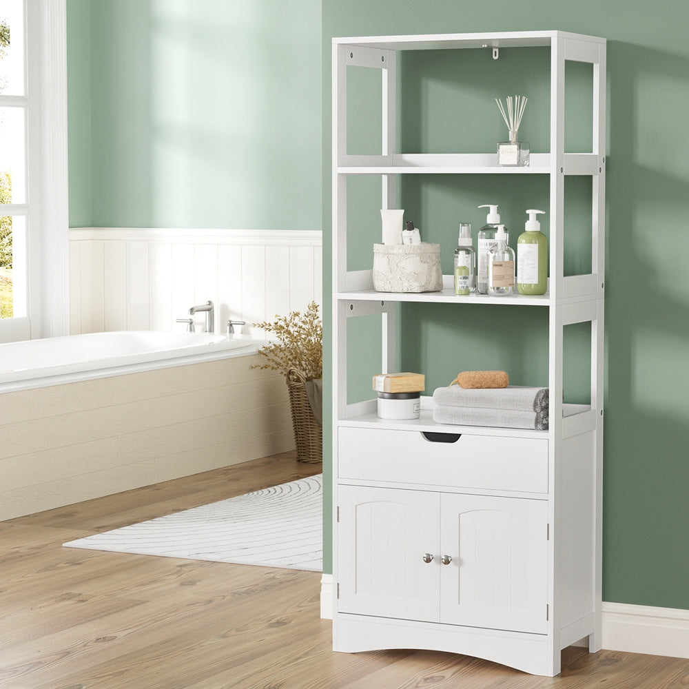 Marlook Bathroom Floor Storage Cabinet with 2 Drawers 3 Open Shelves 2 Doors White