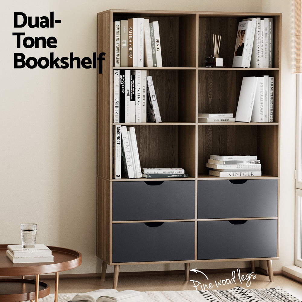 Marlook Bookshelf with 4 Drawers - MITZI Oak and Blue