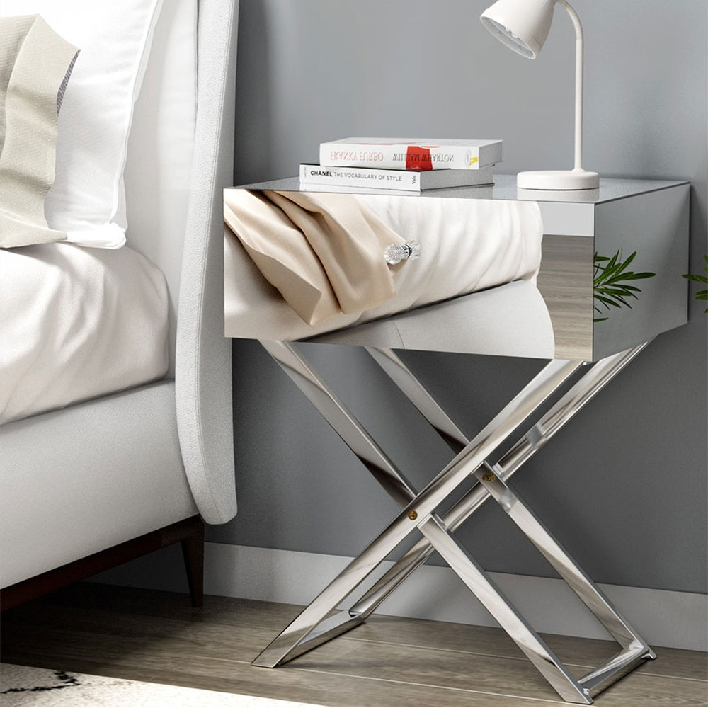 Marlook Mirrored Bedside Table Drawers Side Table Storage Nightstand Silver MOCO