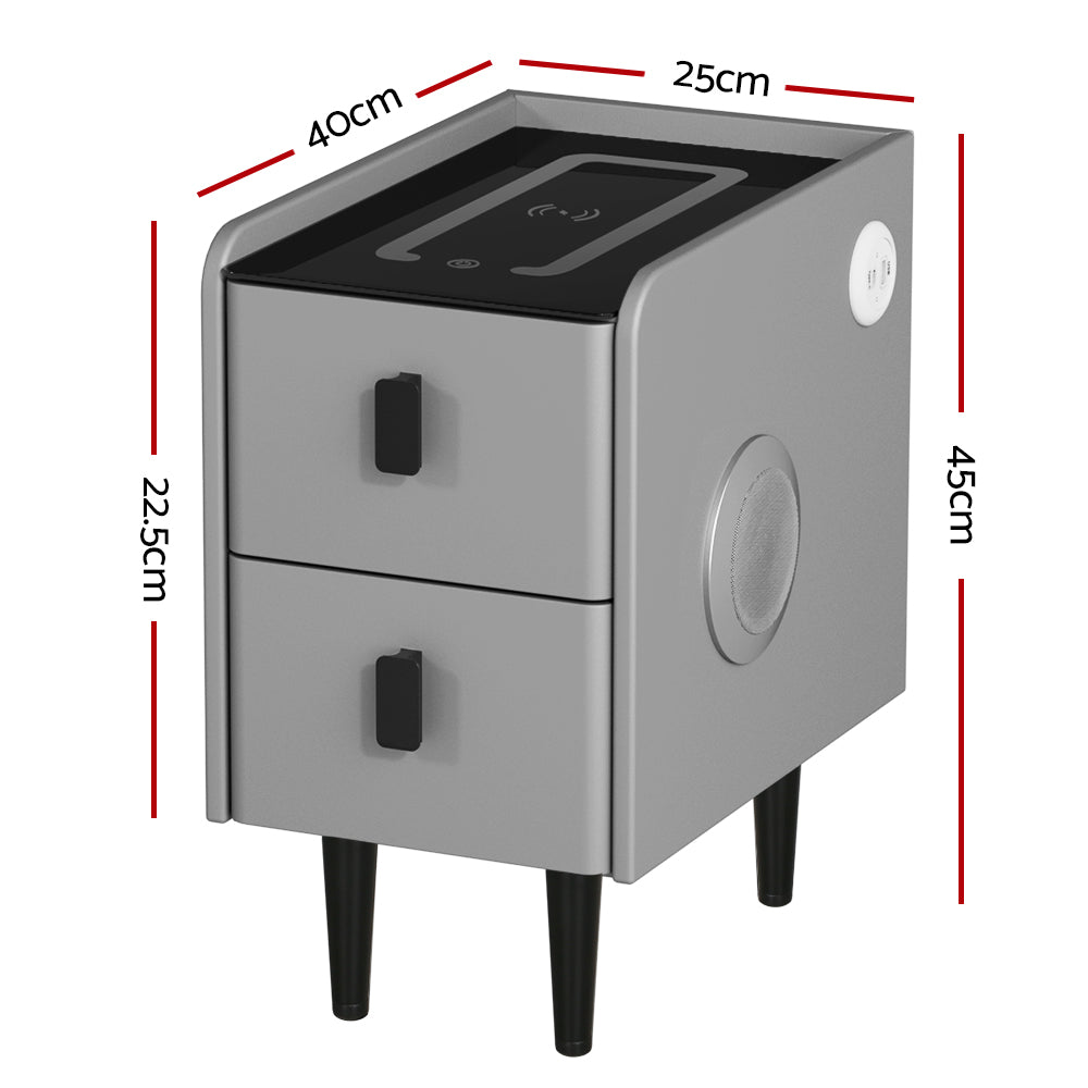Marlook Smart Bedside Table 2 Drawers with Wireless Charging Ports LED Grey AIDA