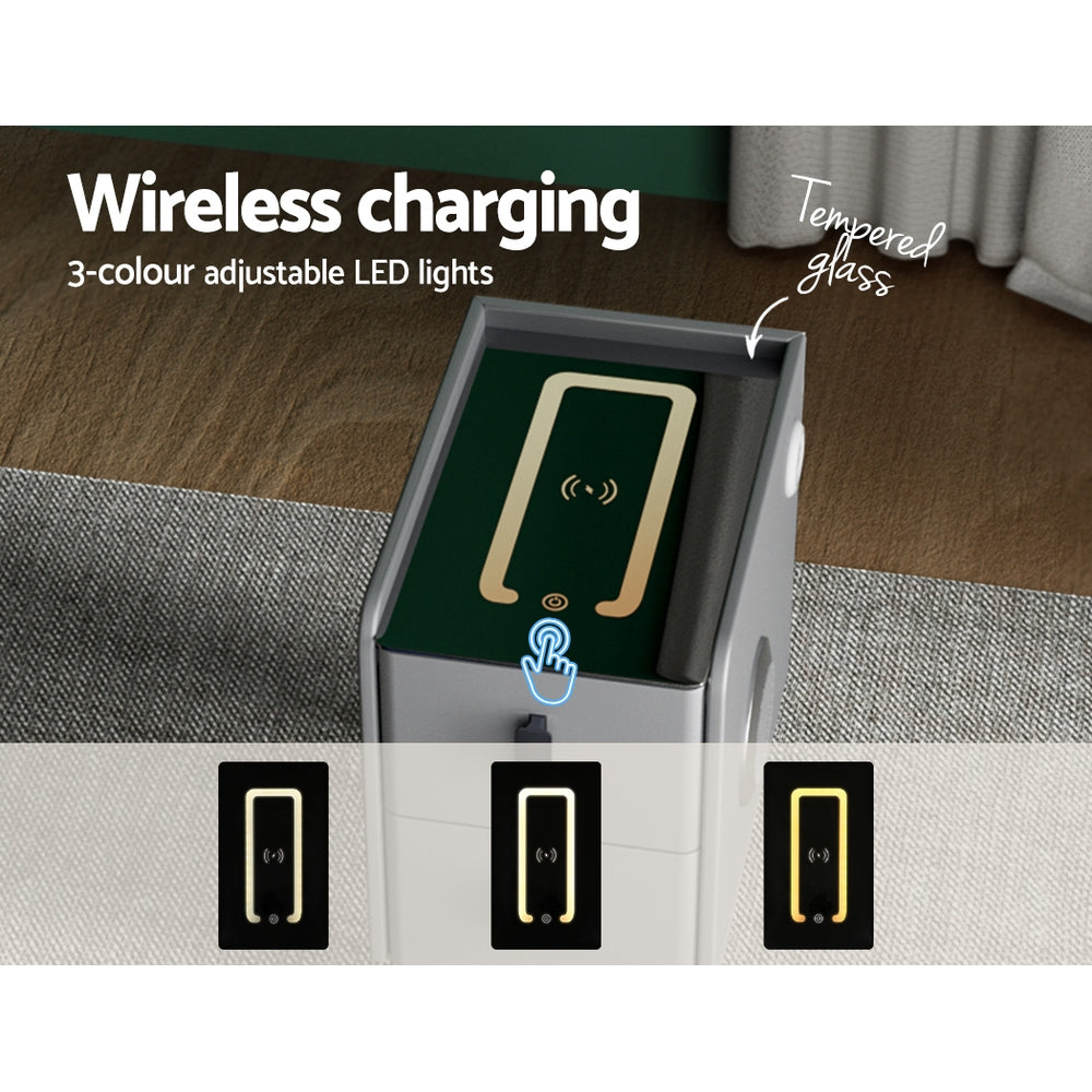 Marlook Smart Bedside Table 2 Drawers with Wireless Charging Ports LED Grey AIDA