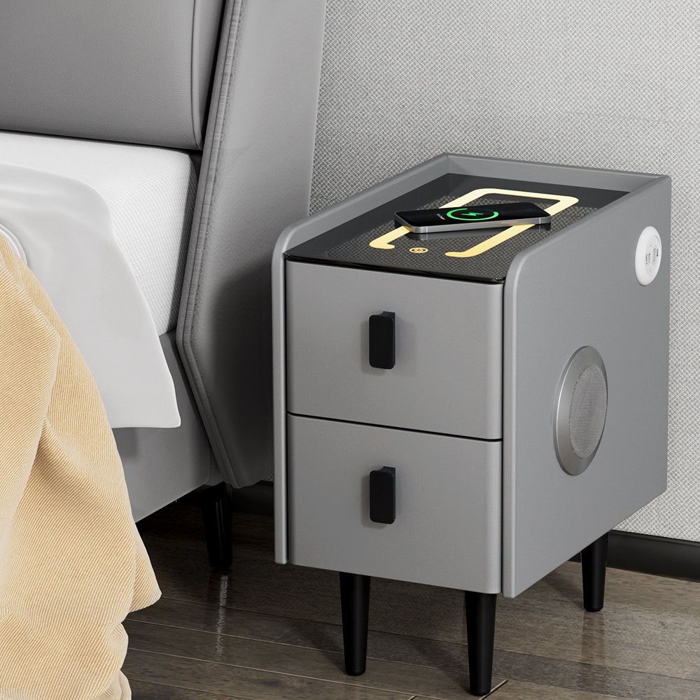 Marlook Smart Bedside Table 2 Drawers with Wireless Charging Ports LED Grey AIDA