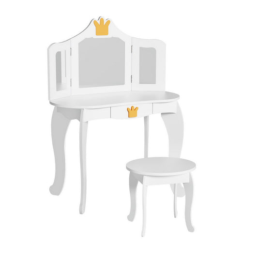 Marlook Kids Dressing Table Vanity Makeup Chair Set Wooden 3 Mirror Drawer White