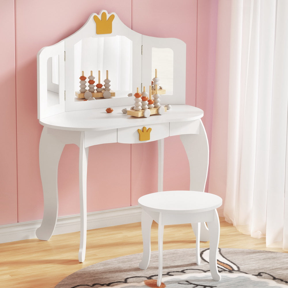 Marlook Kids Dressing Table Vanity Makeup Chair Set Wooden 3 Mirror Drawer White