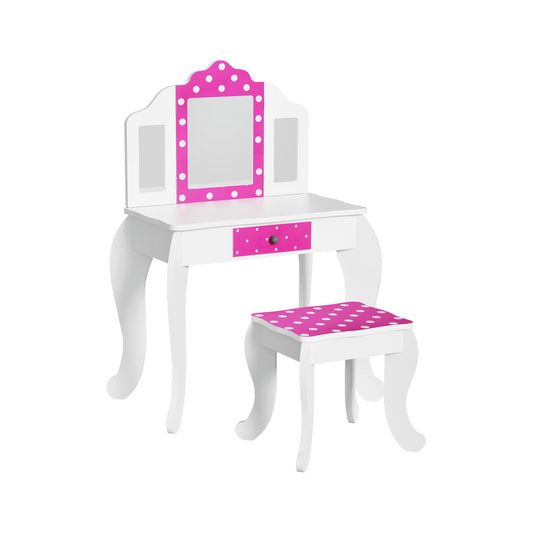 Marlook Kids Dressing Table Vanity Makeup Chair Set Wooden 3 Mirror Drawer Pink