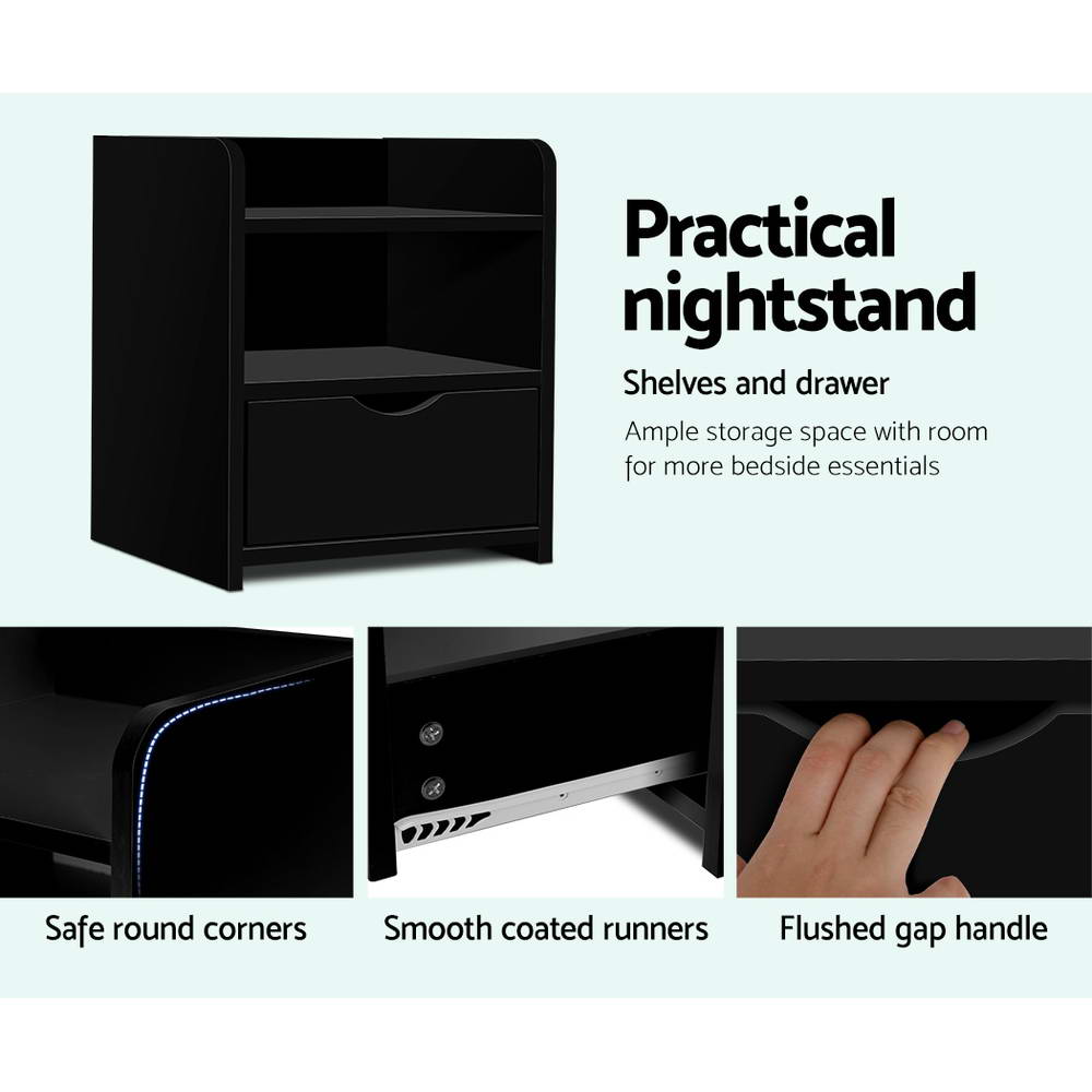 Marlook Bedside Table 1 Drawer with Shelf - FARA Black