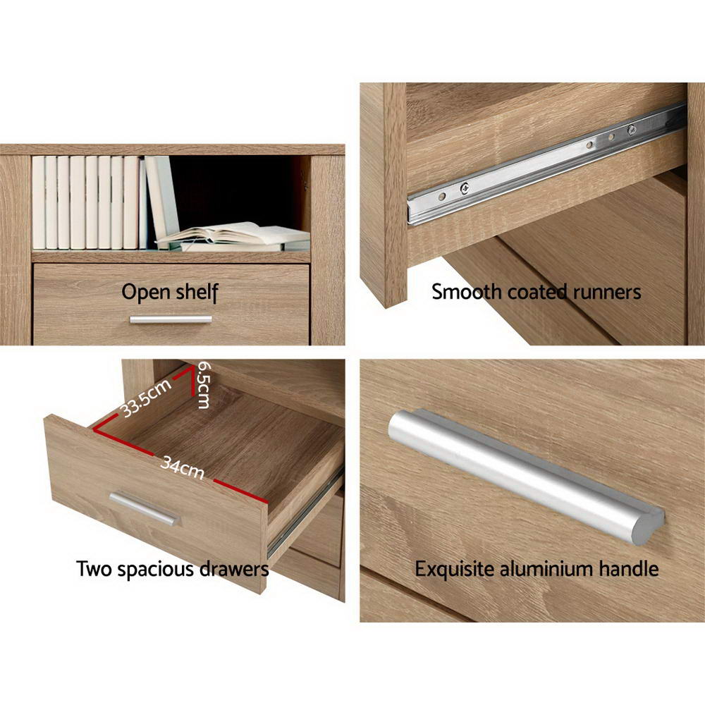 Marlook Bedside Table 2 Drawers with Shelf - TARA Oak