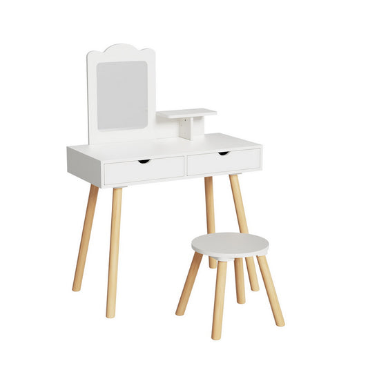 Marlook Kids Dressing Table Vanity Makeup Chair Set with Mirror Drawers Wooden Legs