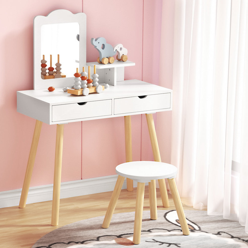 Marlook Kids Dressing Table Vanity Makeup Chair Set with Mirror Drawers Wooden Legs