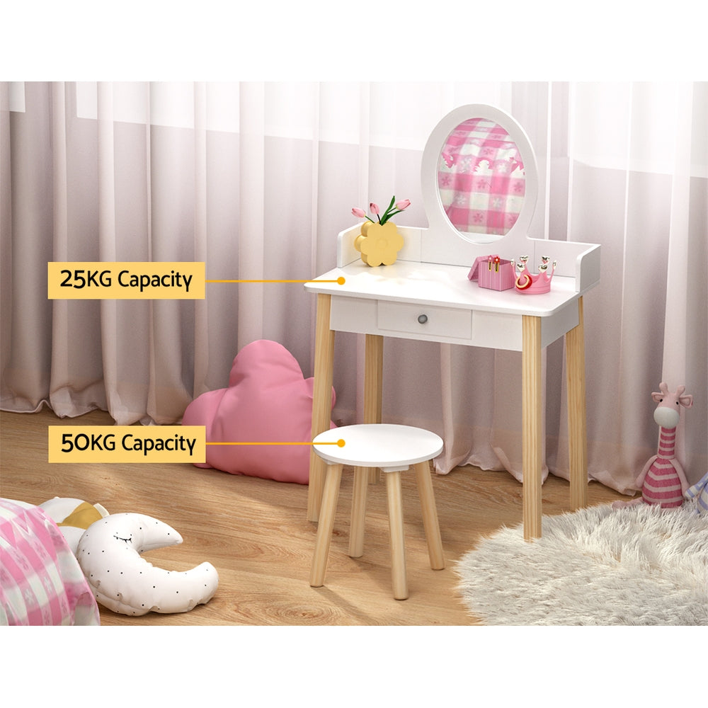 Marlook Kids Dressing Table Chair Set Wooden Leg Vanity Makeup Drawer Mirror