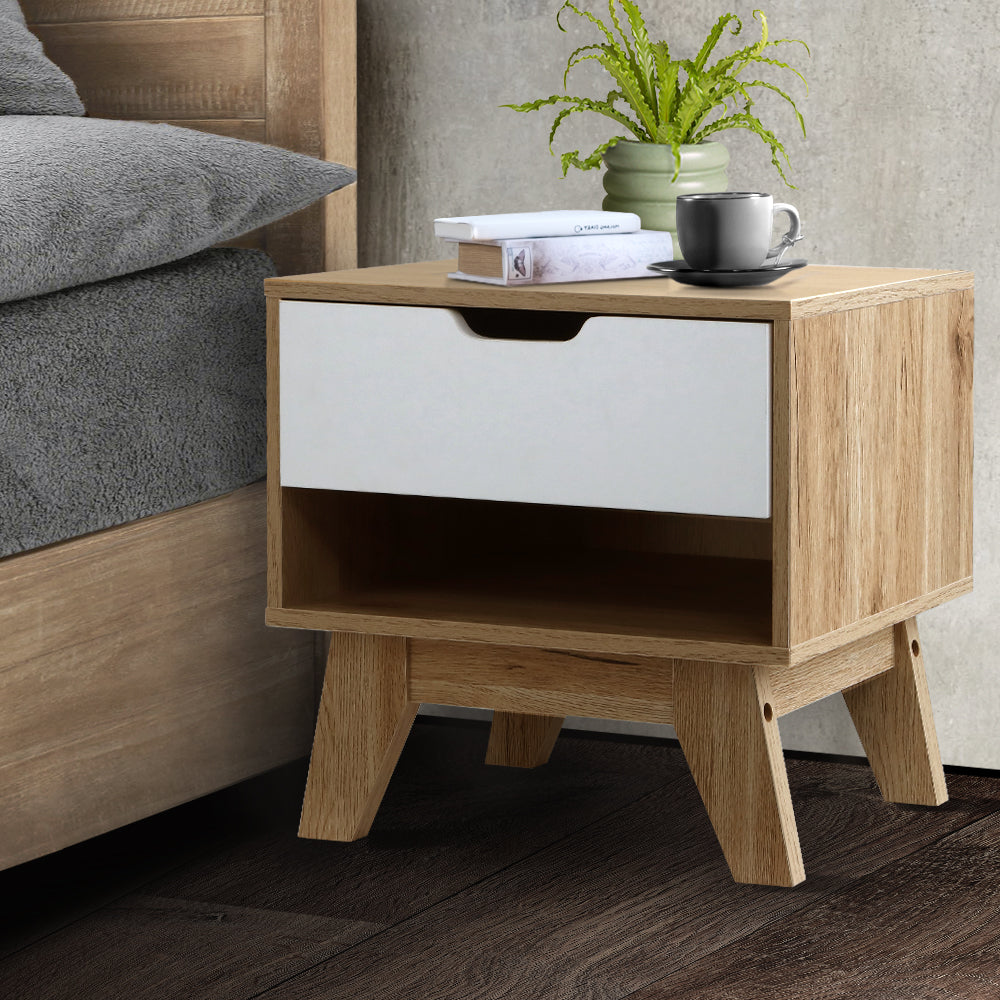 Marlook Bedside Table 1 Drawer with Shelf - IKER White & Oak