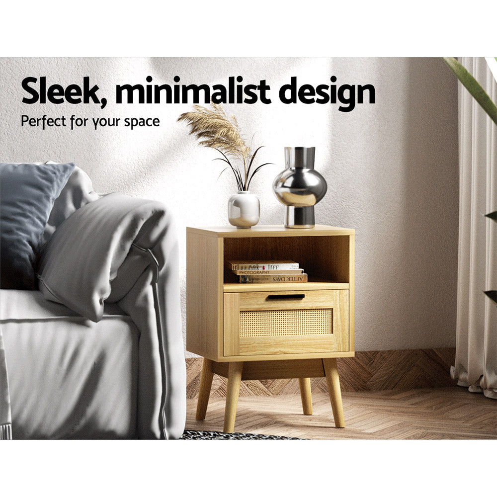 Marlook Rattan Bedside Table 1 Drawer with Shelf - REI Oak
