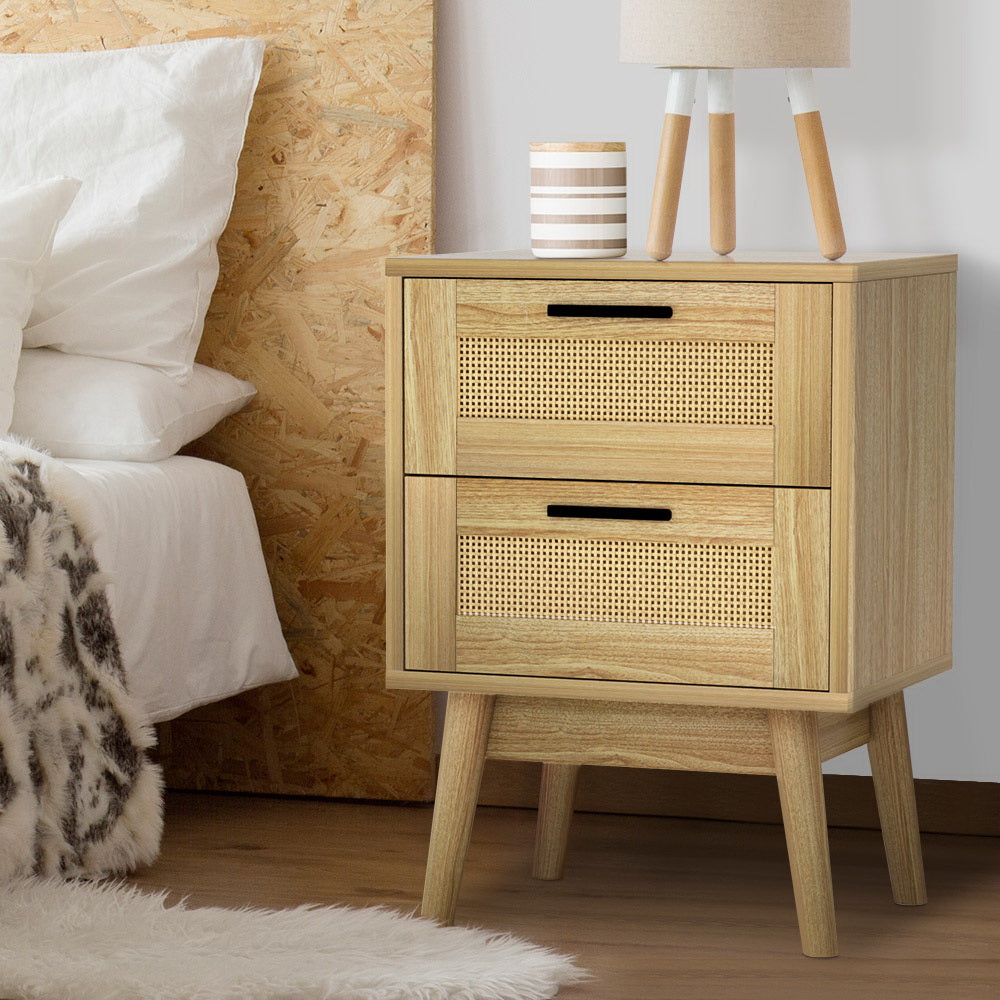 Marlook Rattan Bedside Table 2 Drawers Wood - RIE Oak