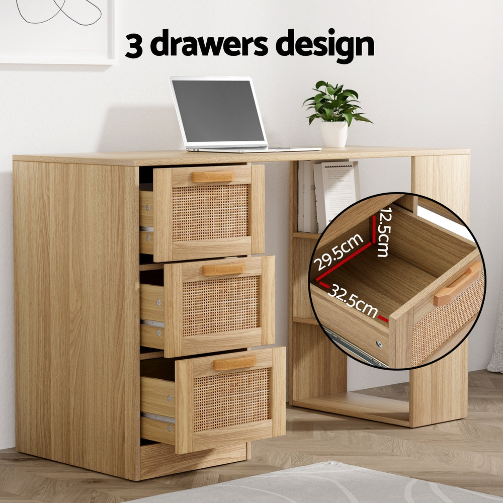 Marlook Computer Desk Drawer Shelf Home Office Study Table Rattan Oak 120CM