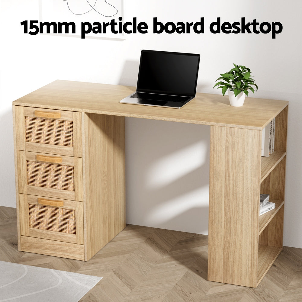 Marlook Computer Desk Drawer Shelf Home Office Study Table Rattan Oak 120CM