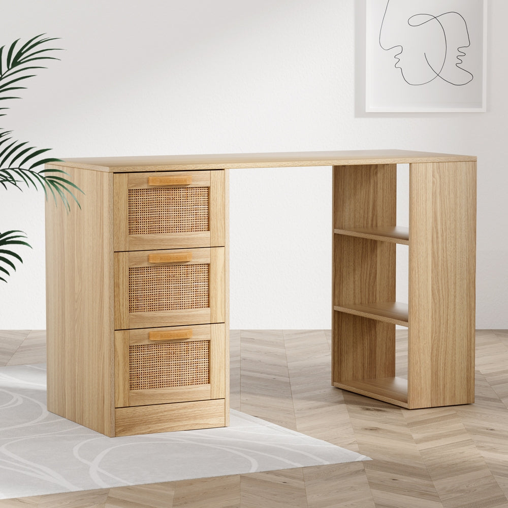 Marlook Computer Desk Drawer Shelf Home Office Study Table Rattan Oak 120CM