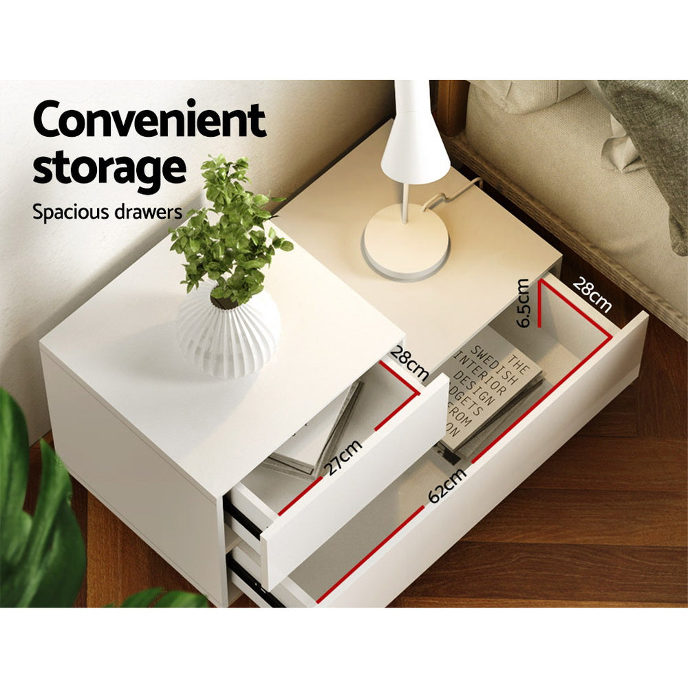Marlook Bedside Tables LED 2 Drawers - REMI White