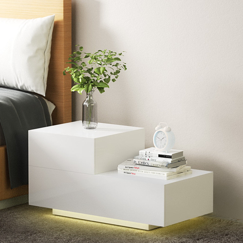 Marlook Bedside Tables LED 2 Drawers - REMI White