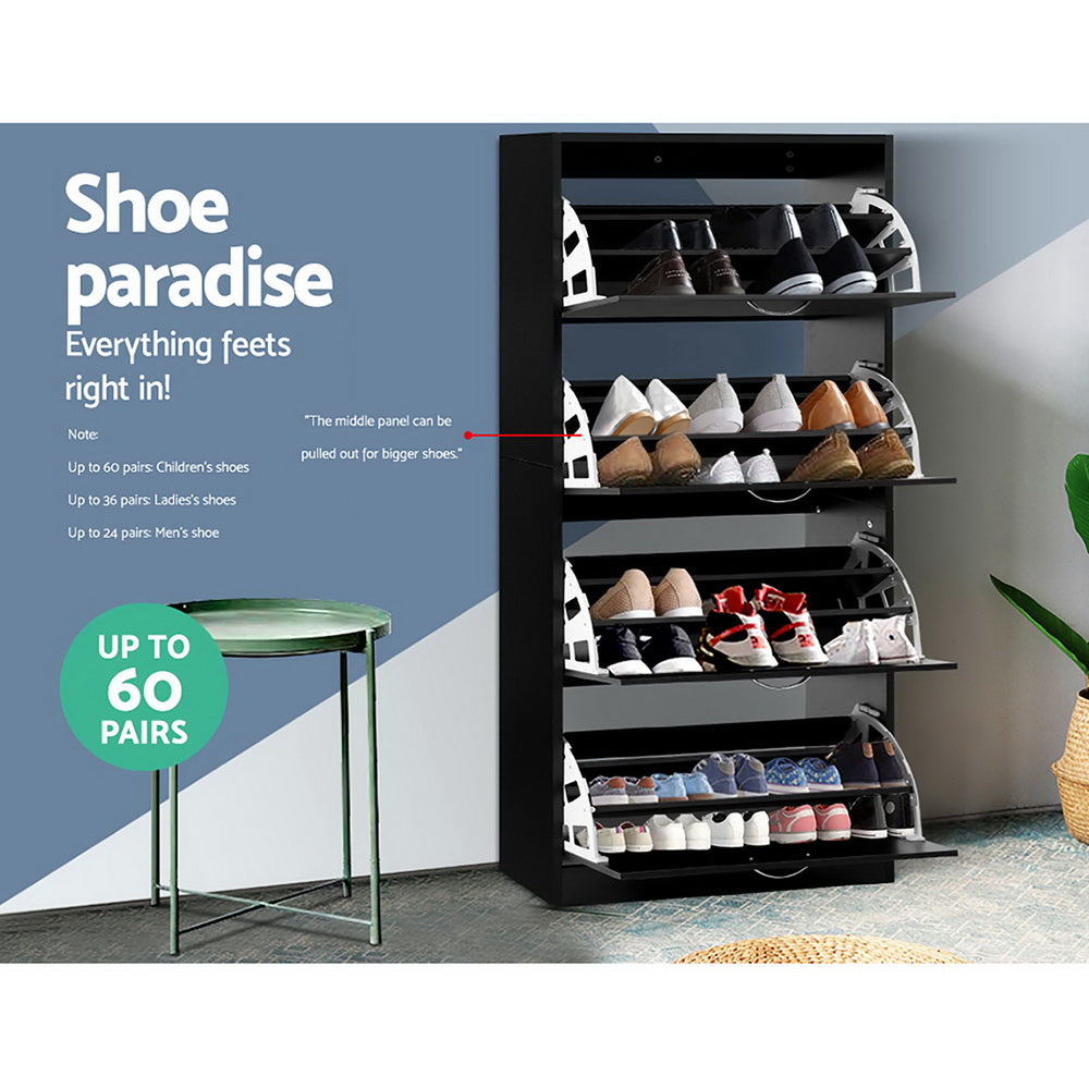 Marlook Shoe Rack Cabinet 60 Pairs 4 Doors - Black