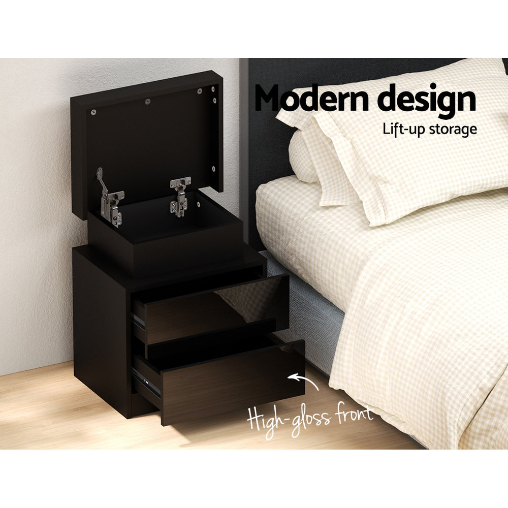 Marlook Bedside Table LED 2 Drawers Lift-up Storage - COLEY Black