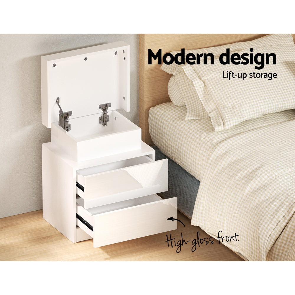 Marlook Bedside Table LED 2 Drawers Lift-up Storage - COLEY White