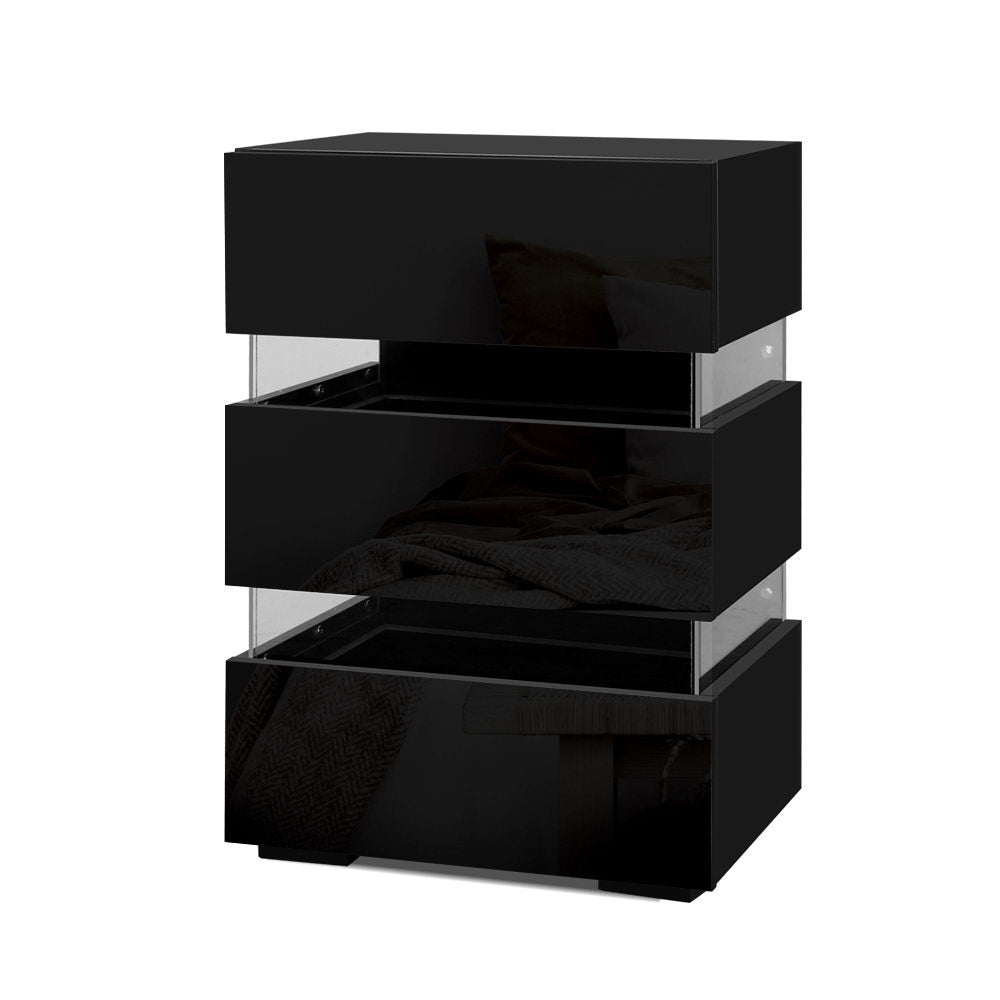 Marlook Bedside Table LED 3 Drawers - LUMI Black