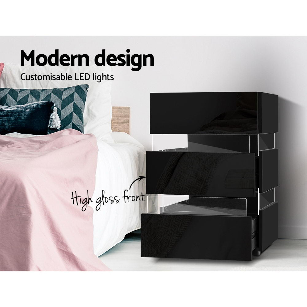 Marlook Bedside Table LED 3 Drawers - LUMI Black