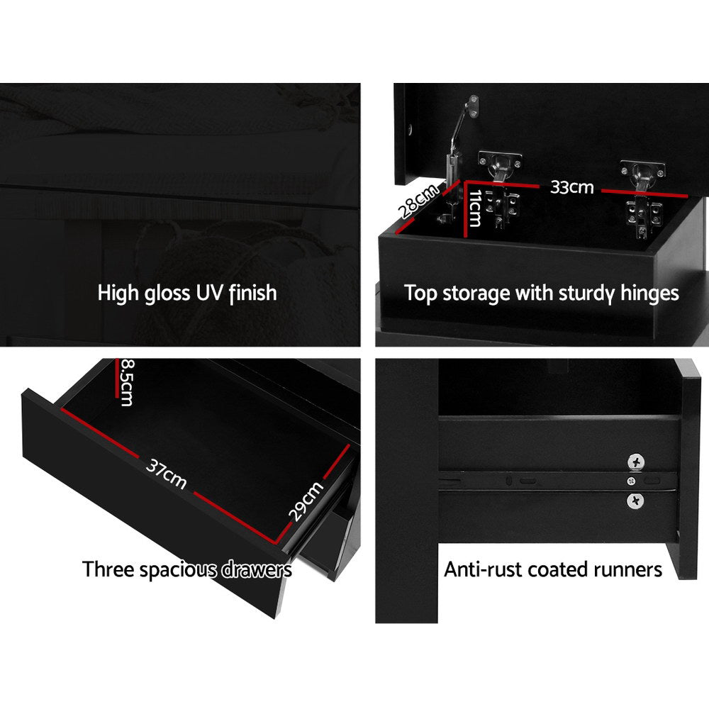 Marlook Bedside Table LED 3 Drawers - COLEY Black