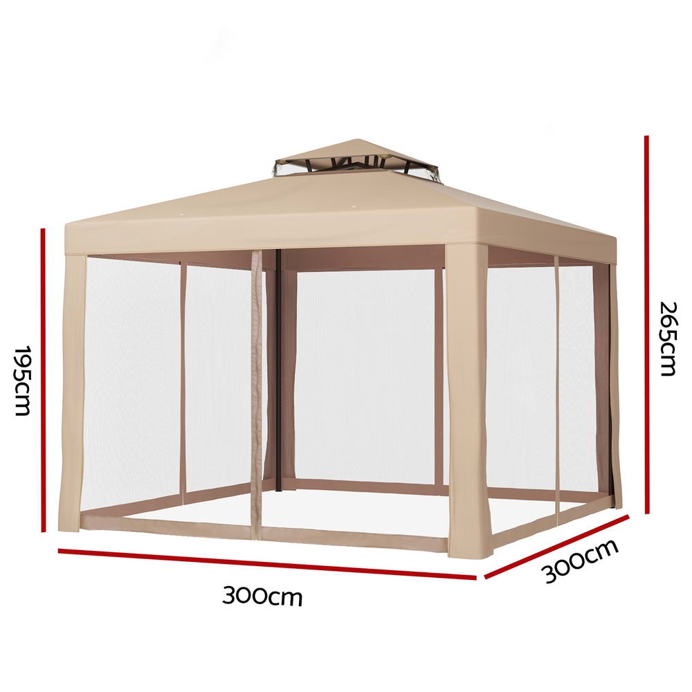 Marlook Gazebo Marquee 3m Outdoor Event Tent Camping Party Mesh Wall Canopy Brown