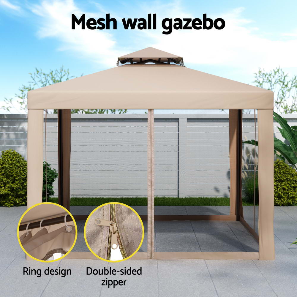 Marlook Gazebo Marquee 3m Outdoor Event Tent Camping Party Mesh Wall Canopy Brown