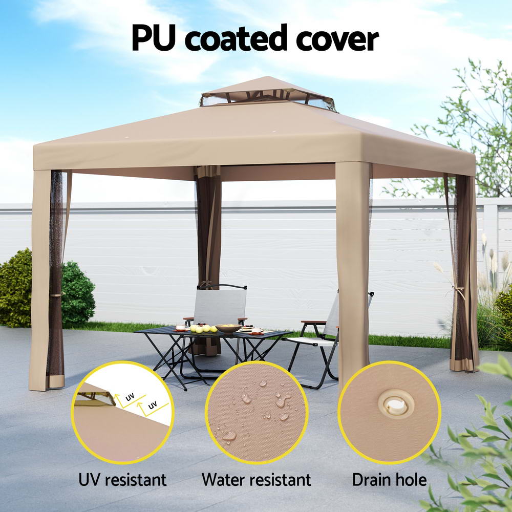 Marlook Gazebo Marquee 3m Outdoor Event Tent Camping Party Mesh Wall Canopy Brown