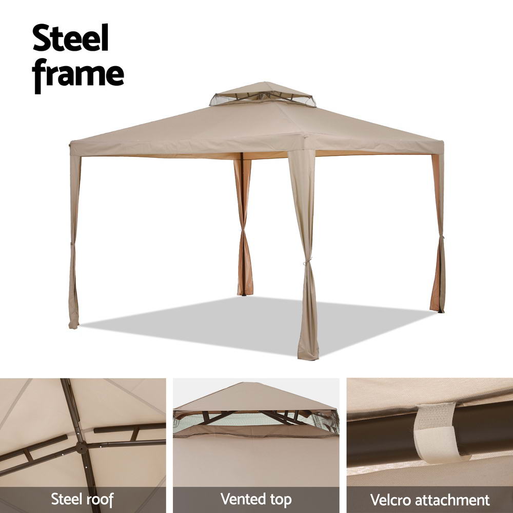 Marlook Gazebo Marquee 3m Outdoor Event Tent Camping Party Mesh Wall Canopy Brown