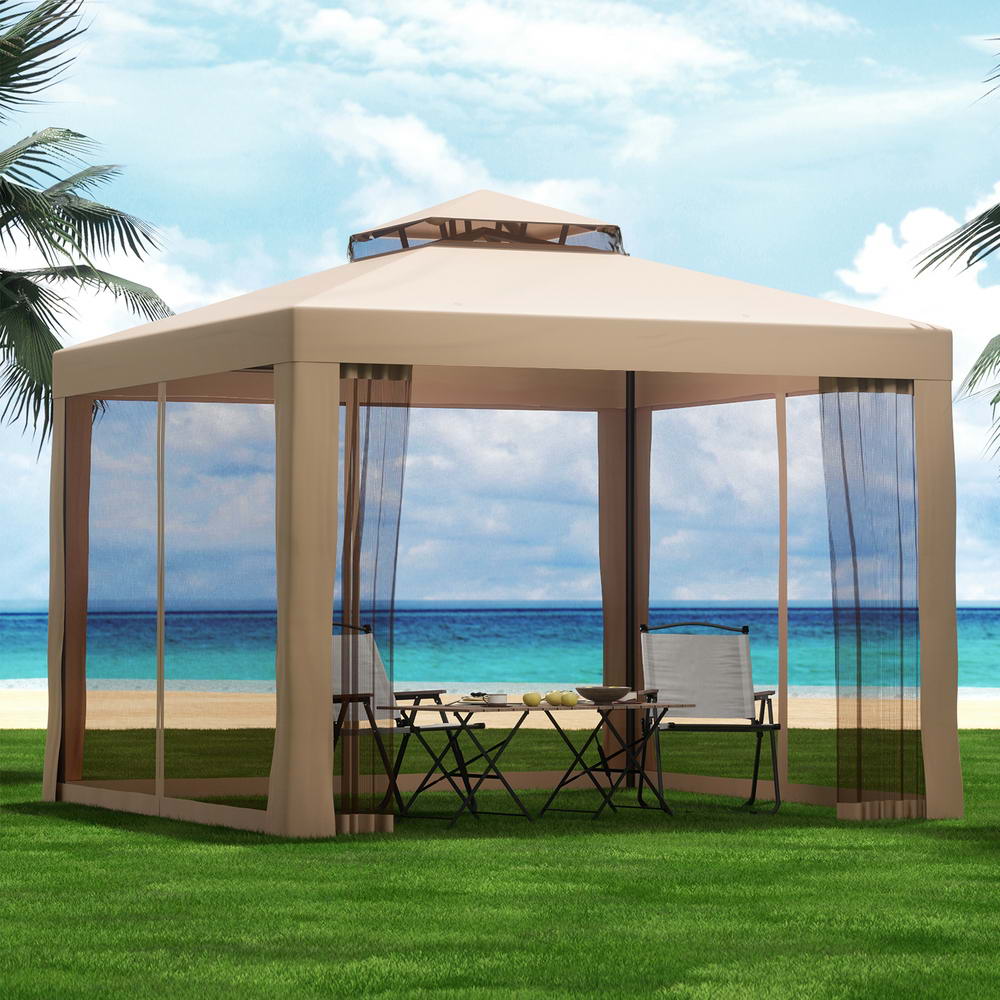 Marlook Gazebo Marquee 3m Outdoor Event Tent Camping Party Mesh Wall Canopy Brown