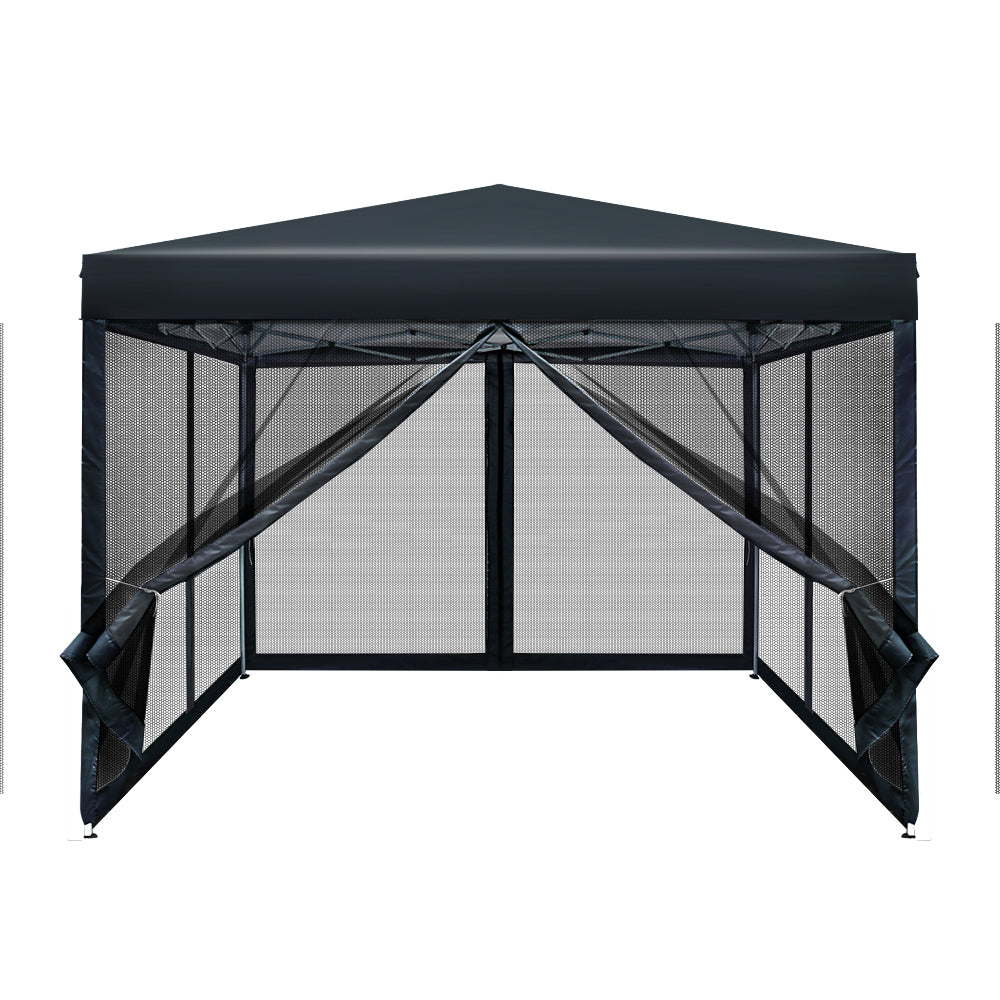 Marlook Gazebo Pop Up Marquee 3x3m Wedding Party Outdoor Camping Tent Canopy Shade Mesh Wall Black