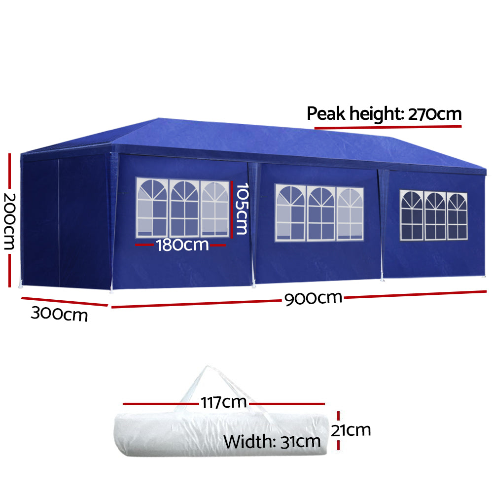 Marlook Gazebo 3x9m Marquee Wedding Party Tent Outdoor Camping Side Wall Canopy 8 Panel Blue