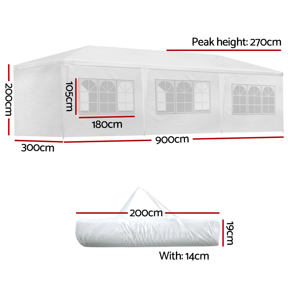 Marlook Gazebo 3x9m Marquee Wedding Party Tent Outdoor Camping Side Wall Canopy 8 Panel White