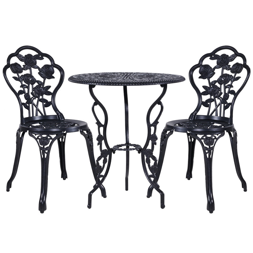 Marlook 3PC Outdoor Setting Bistro Set Chairs Table Cast Aluminum Rose Black