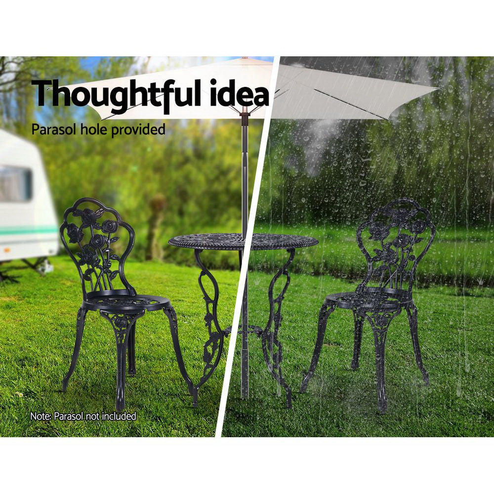 Marlook 3PC Outdoor Setting Bistro Set Chairs Table Cast Aluminum Rose Black