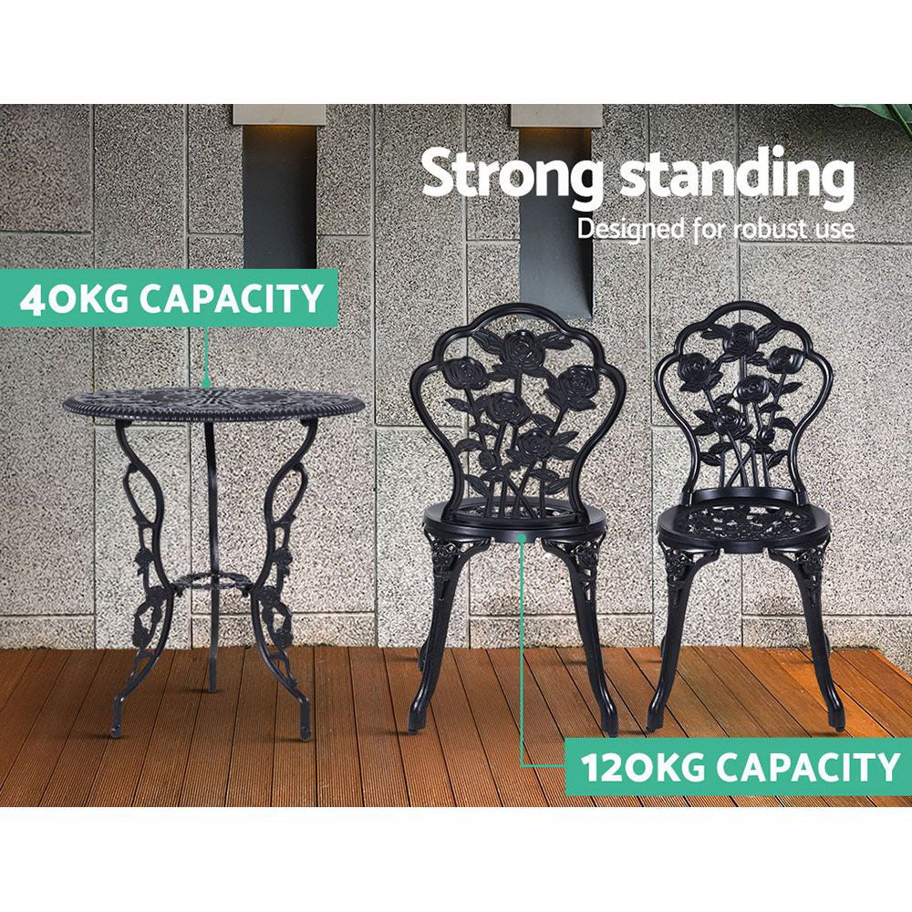 Marlook 3PC Outdoor Setting Bistro Set Chairs Table Cast Aluminum Rose Black