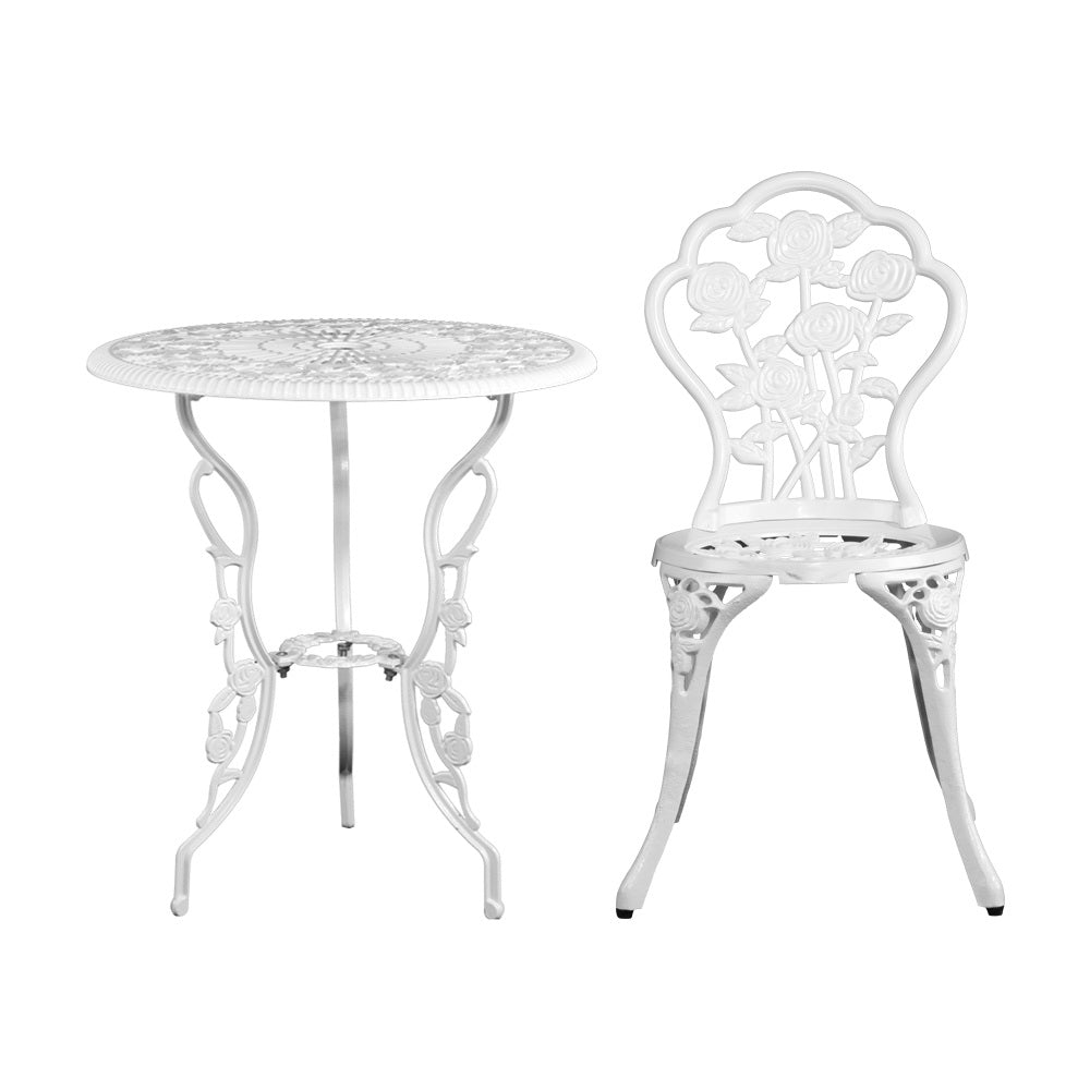 Marlook 3PC Outdoor Setting Bistro Set Chairs Table Cast Aluminum Patio Furniture Rose White