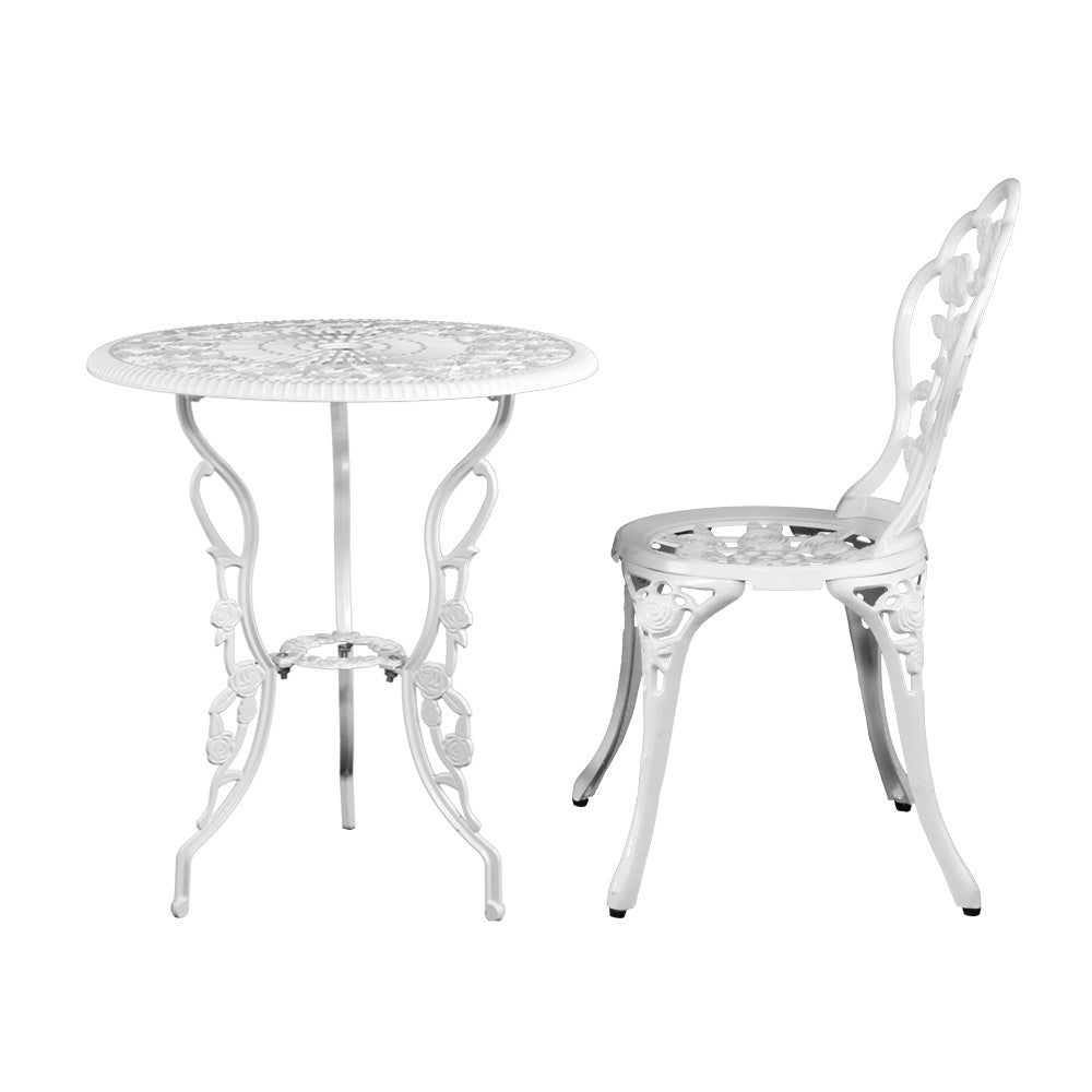 Marlook 3PC Outdoor Setting Bistro Set Chairs Table Cast Aluminum Patio Furniture Rose White